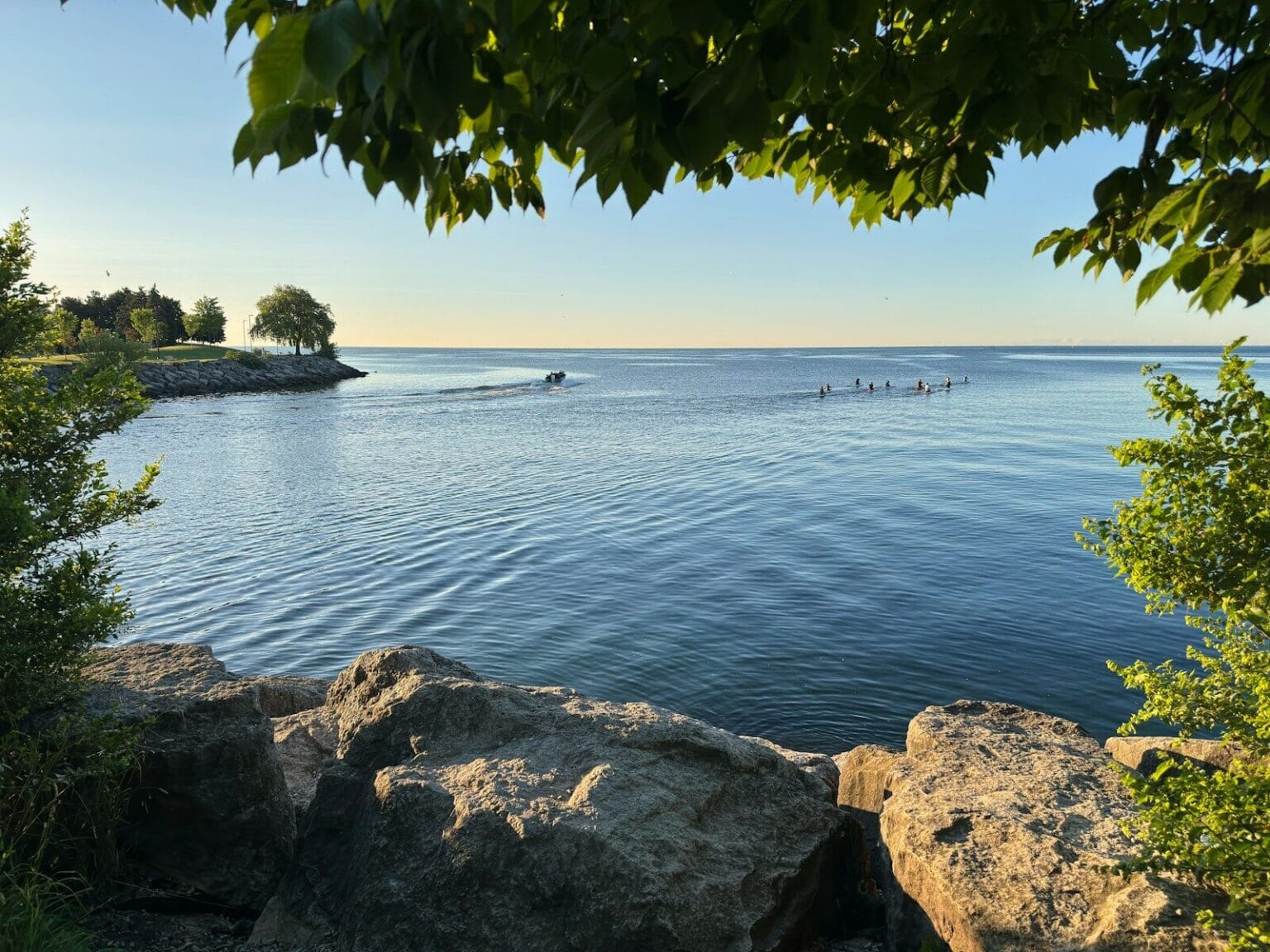 A body of water surrounded by trees and rocks